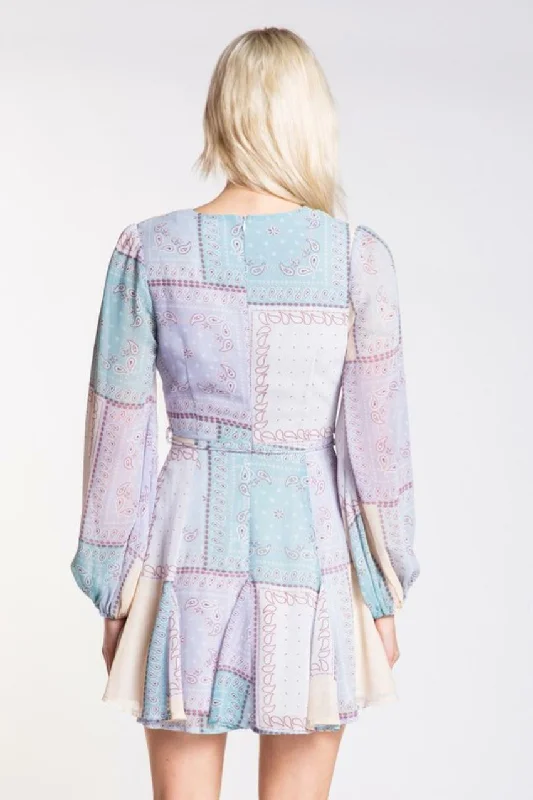 Reese Lavender Patchwork Print Long Sleeve Mini Dress