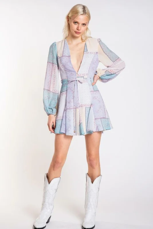 Reese Lavender Patchwork Print Long Sleeve Mini Dress