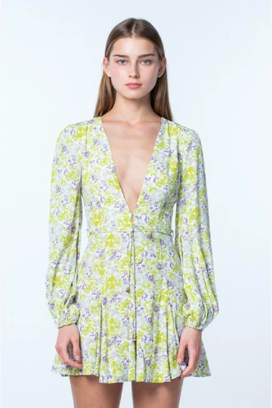 Reese Light Green and Purple Floral Long Sleeve Mini Dress