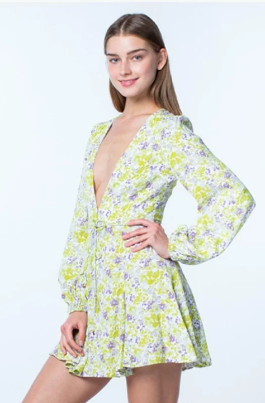 Reese Light Green and Purple Floral Long Sleeve Mini Dress