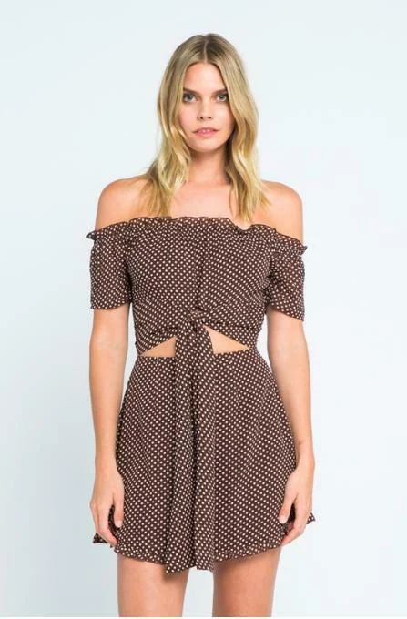 San Tropez Brown Polka Dot Off-the-Shoulder Mini Dress