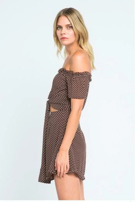 San Tropez Brown Polka Dot Off-the-Shoulder Mini Dress