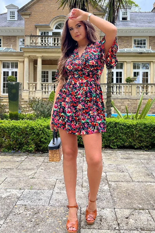 Sara Black Floral Short Sleeve Wrap Playsuit