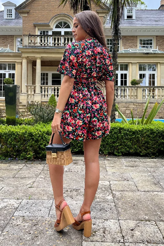 Sara Black Floral Short Sleeve Wrap Playsuit