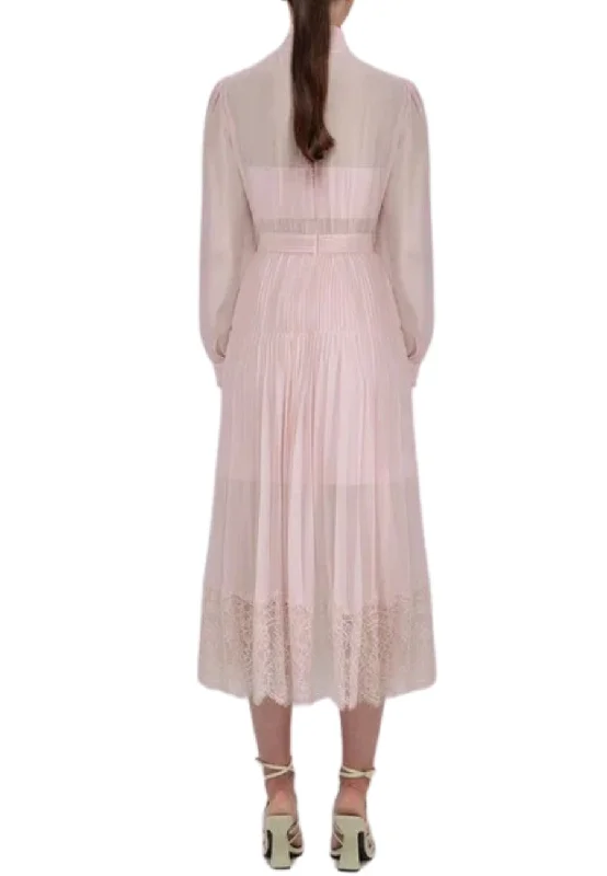 Pink Chiffon Lace-Trimmed Midi Dress