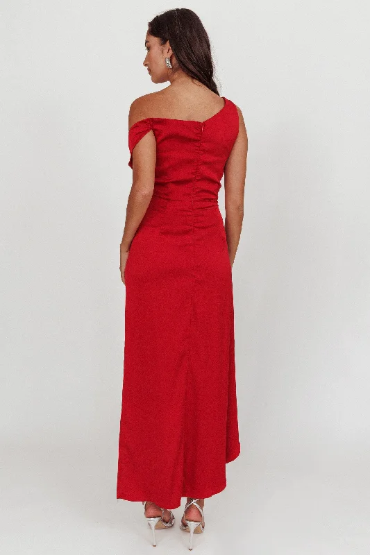 Sensations Off Shoulder Satin Maxi Dress Red