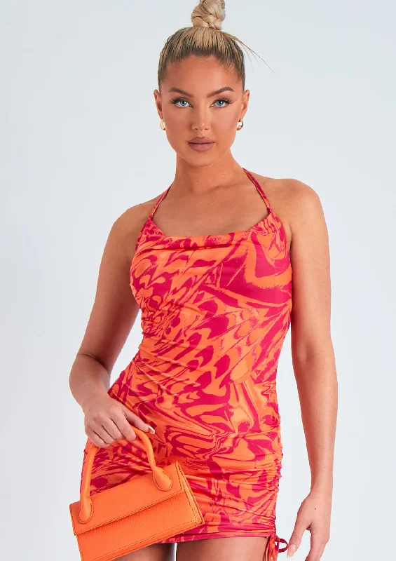 Sian Orange Printed Halterneck Cowl Neck Mini Dress