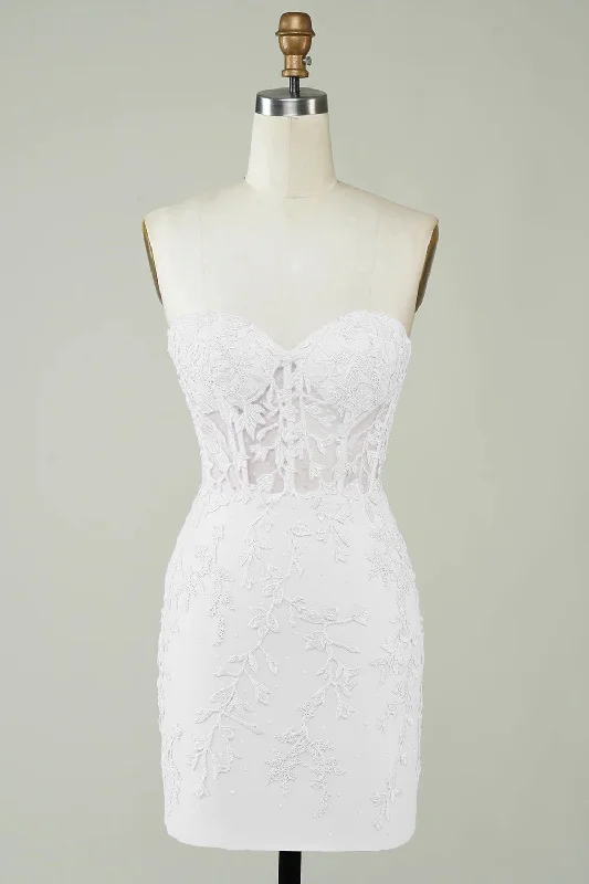 Spaghetti Straps Bodycon Simple White Graduation Dress with Appliques