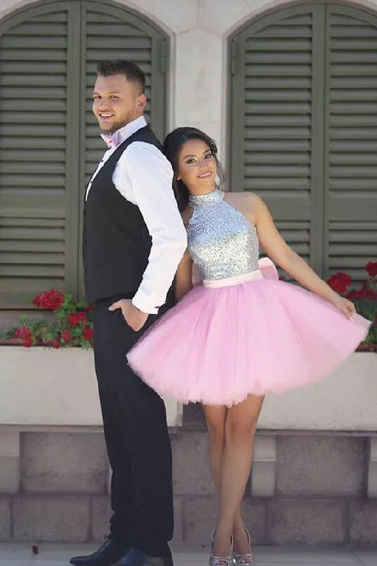 Sparkly High Neck Short Pink Homecoming Dress Party Dress PG163