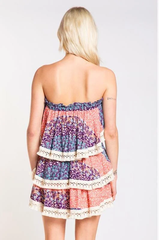 Summer Fields Blue and Blush Floral Print Strapless Two-Piece Set