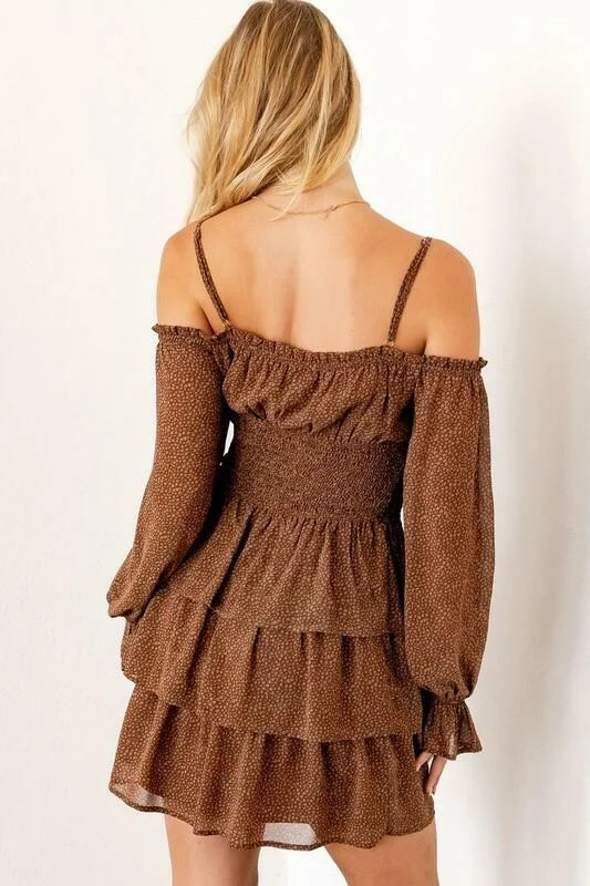 Sweet Darling Brown and Gold Floral Print Off-the-Shoulder Ruffle Dress