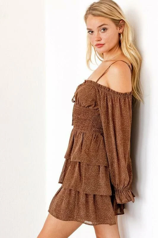 Sweet Darling Brown and Gold Floral Print Off-the-Shoulder Ruffle Dress