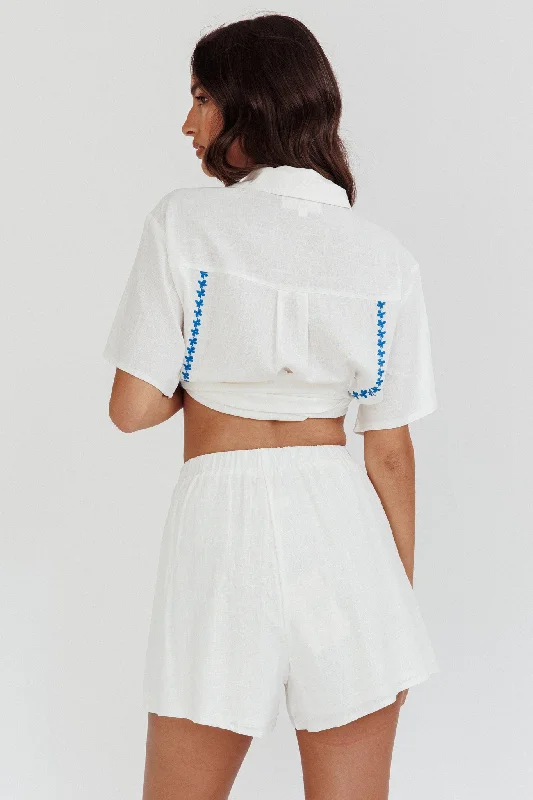 Swing Of Things Elastic Waist Shorts Embroidered White