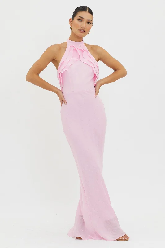 Topaz Skies Halterneck Ruffle Dress Pink