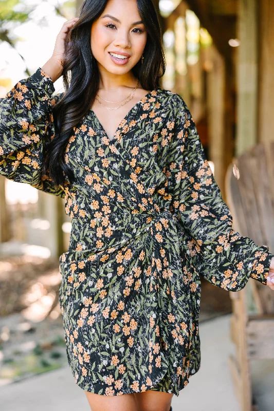 What Drives You Black Floral Wrap Dress