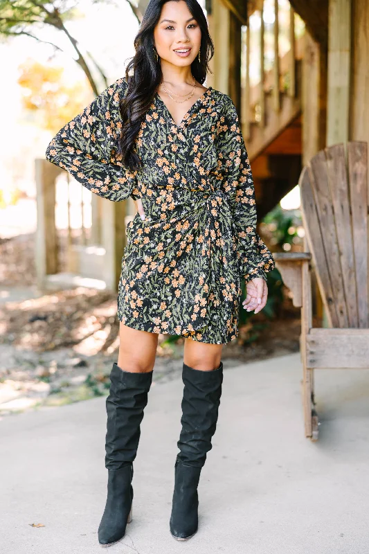 What Drives You Black Floral Wrap Dress