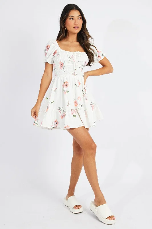 White Floral Fit And Flare Dress Puff Sleeve Mini