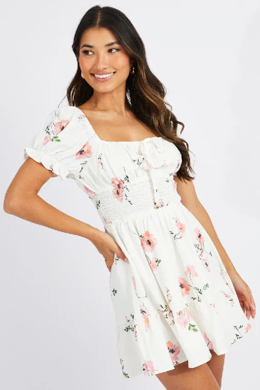 White Floral Fit And Flare Dress Puff Sleeve Mini