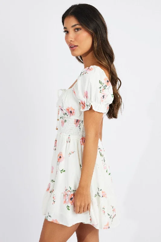 White Floral Fit And Flare Dress Puff Sleeve Mini