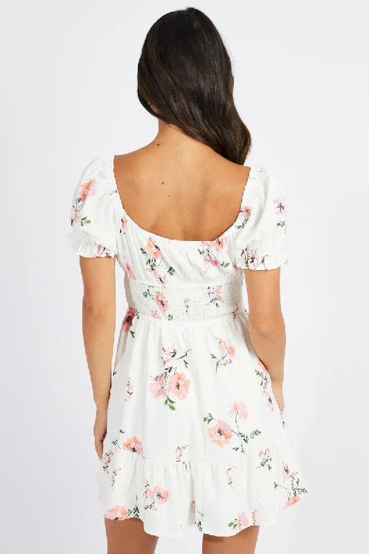 White Floral Fit And Flare Dress Puff Sleeve Mini