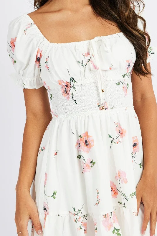 White Floral Fit And Flare Dress Puff Sleeve Mini