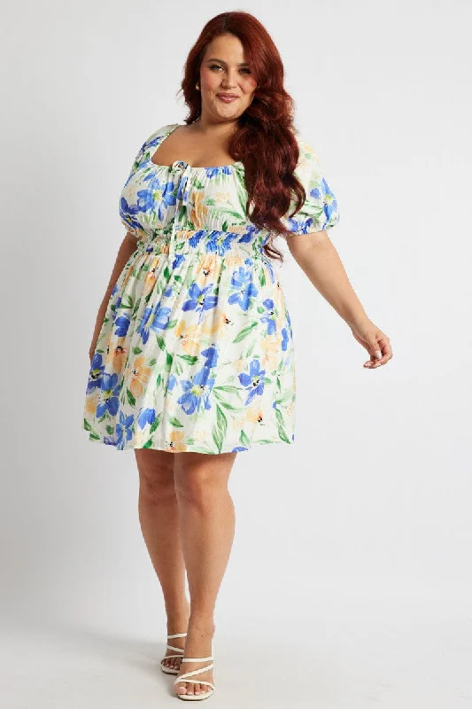 White Floral Fit And Flare Dress Short Sleeve Ruched Bust