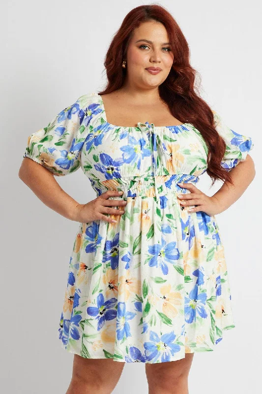 White Floral Fit And Flare Dress Short Sleeve Ruched Bust