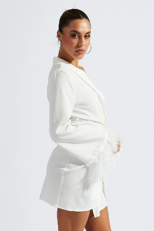 White Wrap Dress Long Sleeve Faux Feather Cuffs