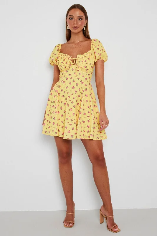 Yellow Floral Fit And Flare Dress Puff Sleeve Mini