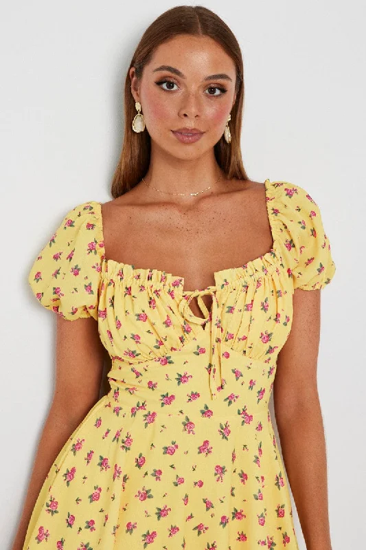 Yellow Floral Fit And Flare Dress Puff Sleeve Mini