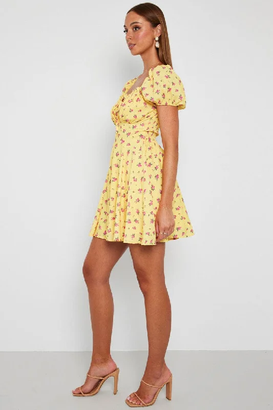 Yellow Floral Fit And Flare Dress Puff Sleeve Mini