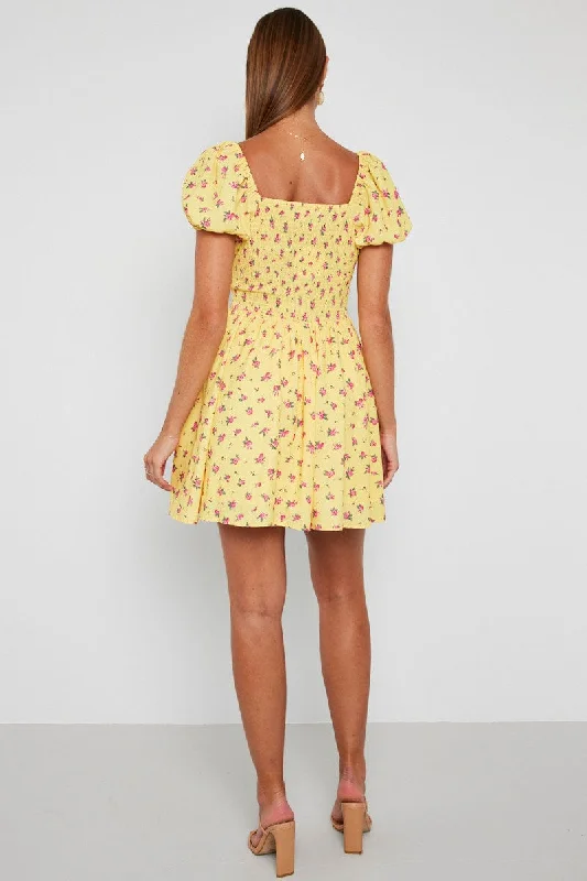 Yellow Floral Fit And Flare Dress Puff Sleeve Mini