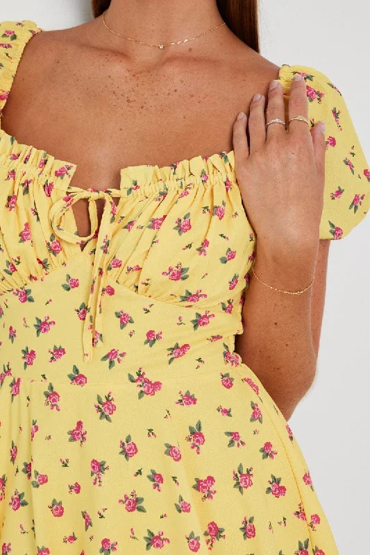 Yellow Floral Fit And Flare Dress Puff Sleeve Mini