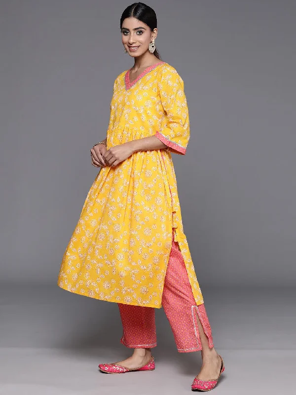 Yellow Printed Cotton A-Line Kurta With Palazzos & Dupatta