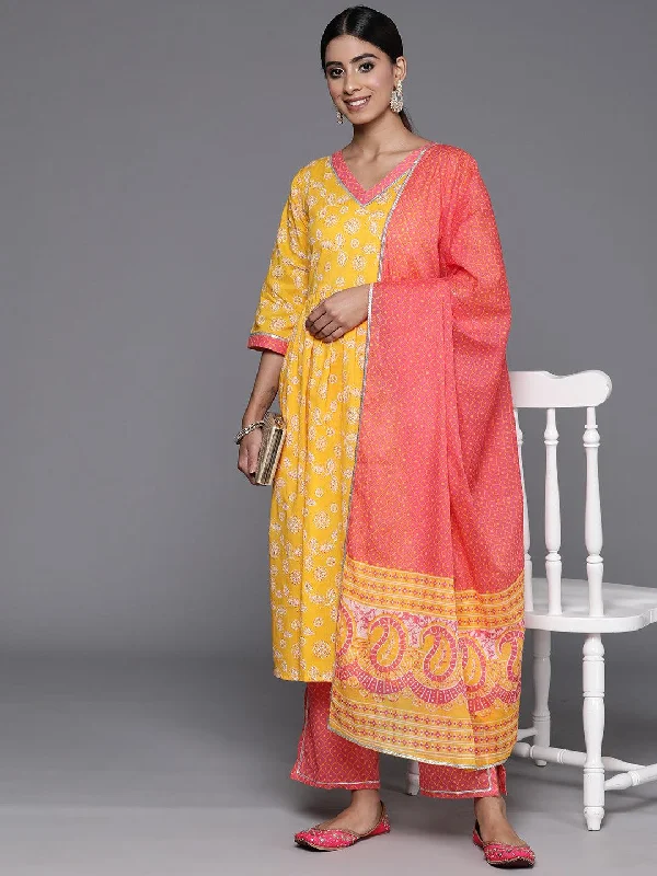 Yellow Printed Cotton A-Line Kurta With Palazzos & Dupatta