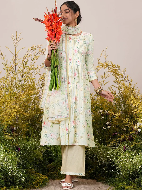 Yellow Printed Cotton Blend A-Line Kurta With Palazzos & Dupatta