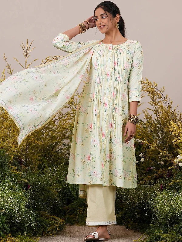 Yellow Printed Cotton Blend A-Line Kurta With Palazzos & Dupatta