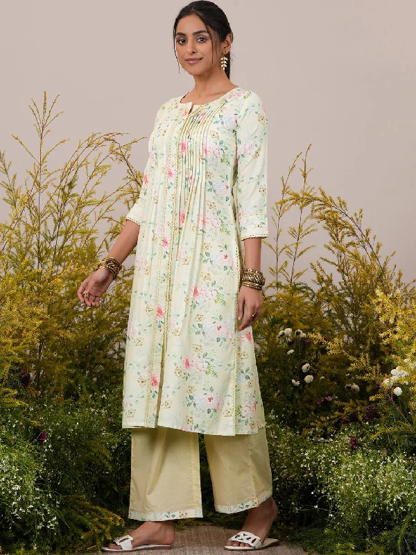 Yellow Printed Cotton Blend A-Line Kurta With Palazzos & Dupatta