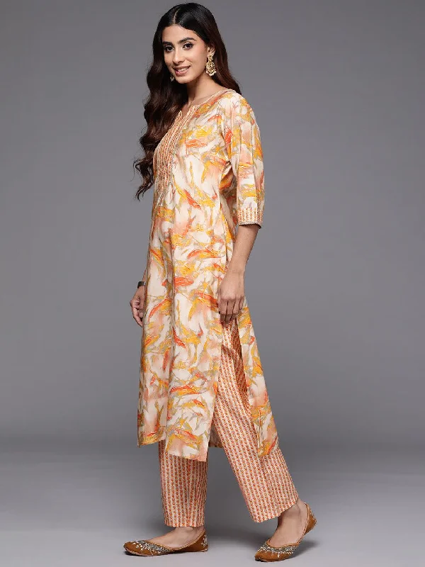 Yellow Printed Silk Blend Straight Kurta Set