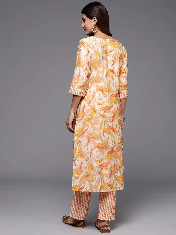 Yellow Printed Silk Blend Straight Kurta Set