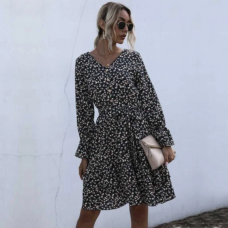 KittenAlarm - Long Sleeve Floral Chiffon Dress High Waist Black Pleated Dress Spring Autumn Fashion Dress