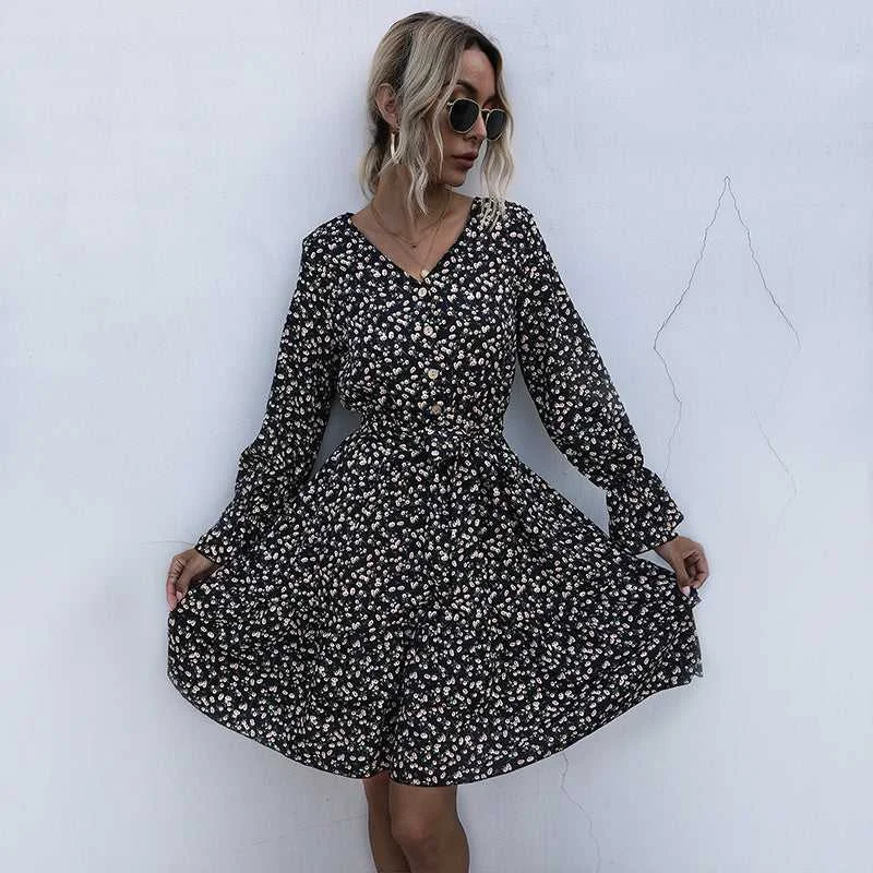 KittenAlarm - Long Sleeve Floral Chiffon Dress High Waist Black Pleated Dress Spring Autumn Fashion Dress