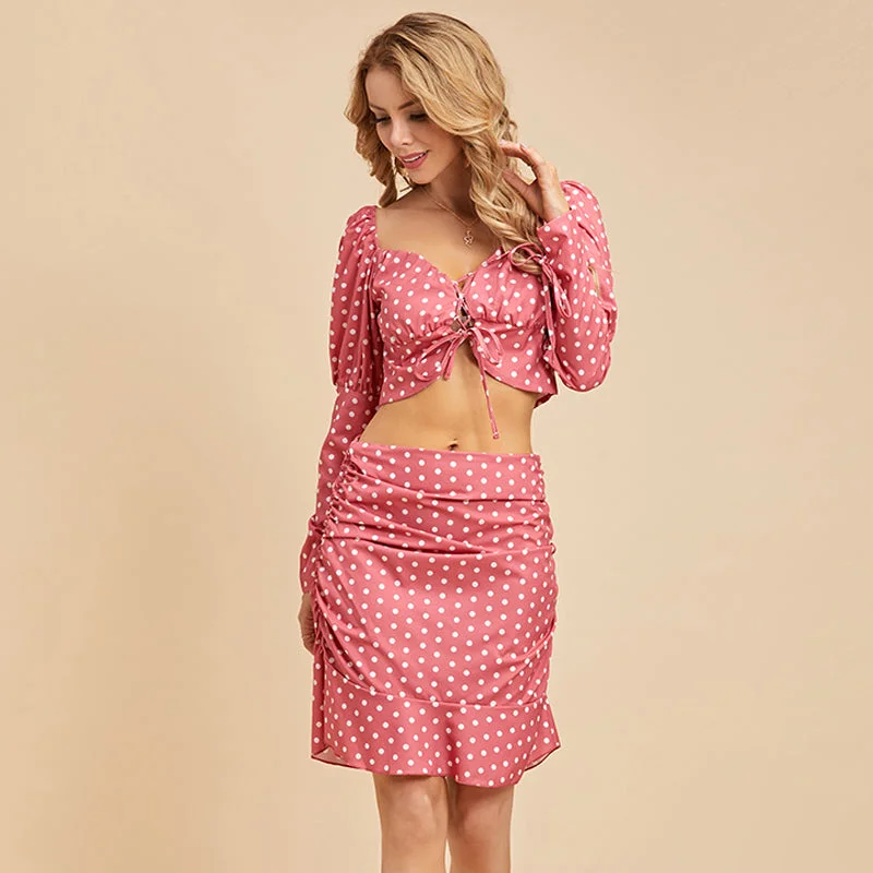 KittenAlarm - Women fashion Polka dot four-way stretch dress long sleeve Crop Tee & Skirt Set