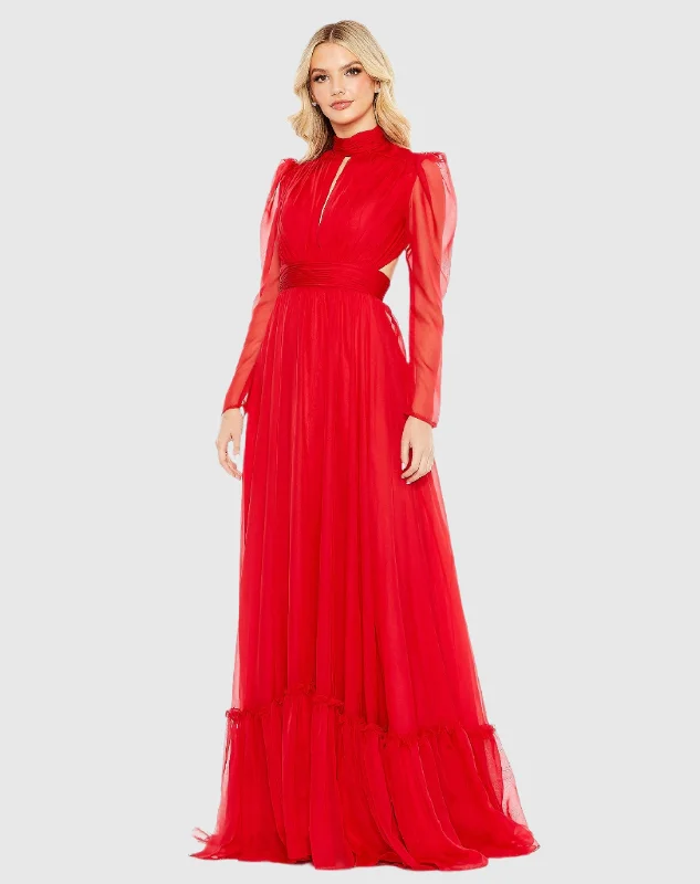 Chiffon High Neck Keyhole Puff Sleeve Lace Up Gown