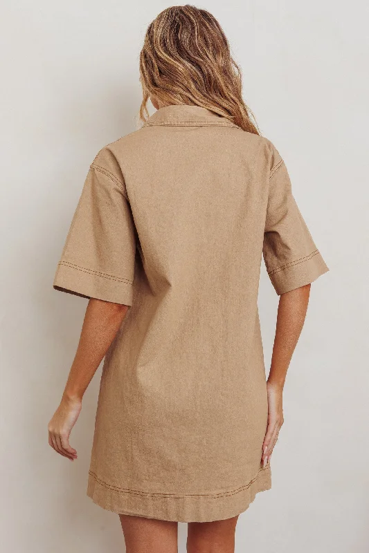 Admiration Contrast Stitching Boxy Mini Dress Beige