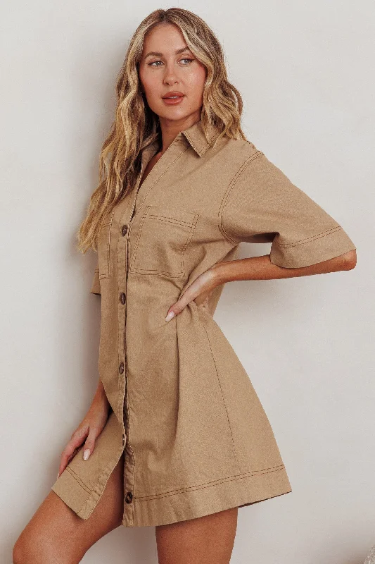 Admiration Contrast Stitching Boxy Mini Dress Beige