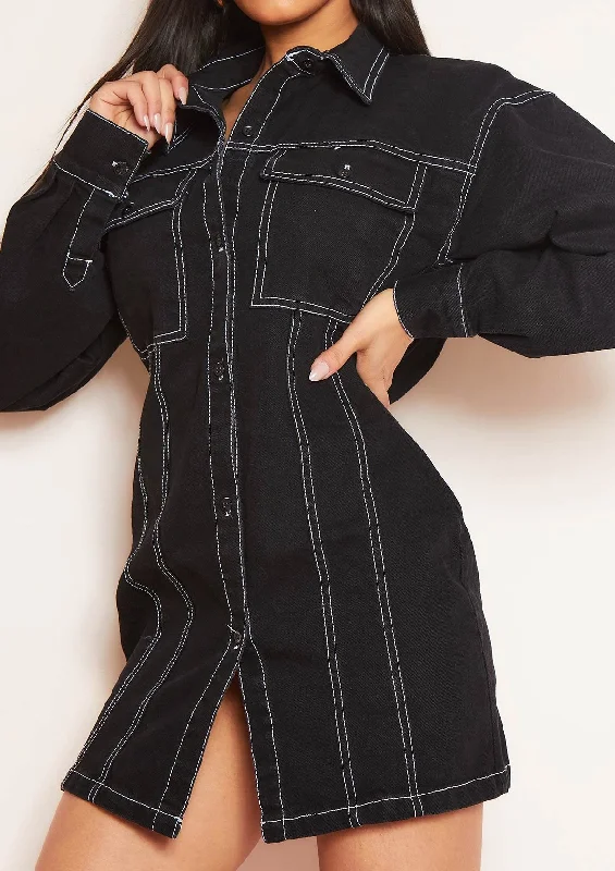 Amy Black Denim Contrast Stitch Mini Dress