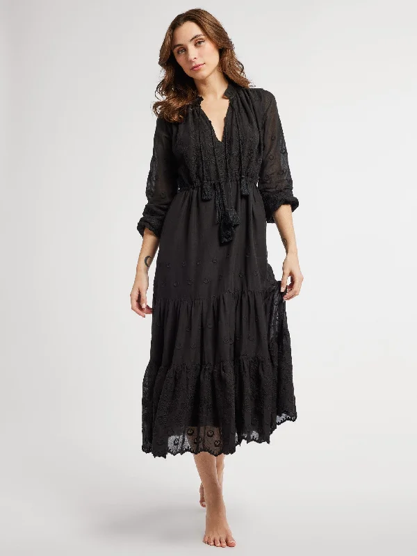 Astrid Dress in Black Petal Embroidery