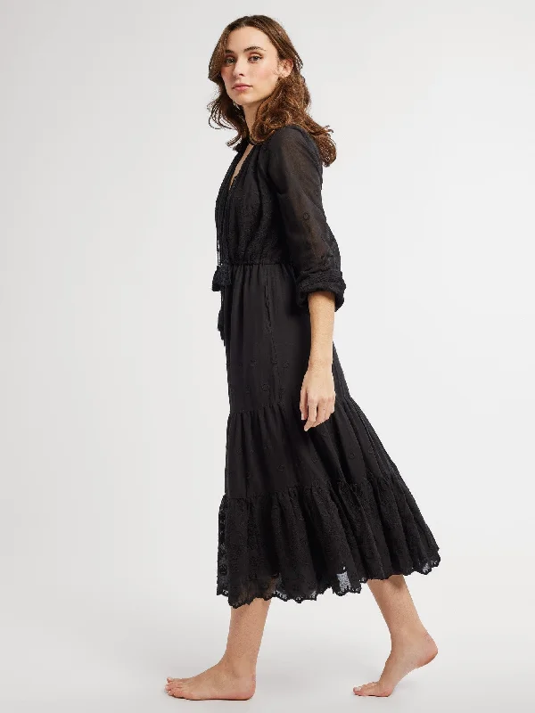 Astrid Dress in Black Petal Embroidery