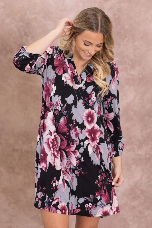 Black Floral Wrinkle Free Dress